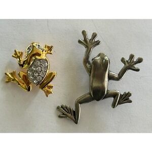 Two Whimsical Frog Brooches Pewter Danforth and Rhinestone